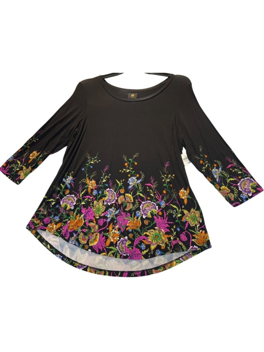 JM Collection Womens 0X Black Floral Print 3/4 Sleeve High-Low Tunic Top
